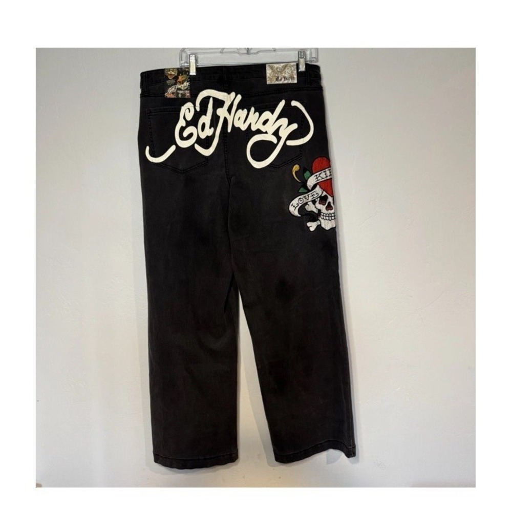 Ed Hardy Love Kills Slowly Black Jeans 34X32 Wide Leg Embroidery WEHD8300-1 NWT - Picture 6 of 9